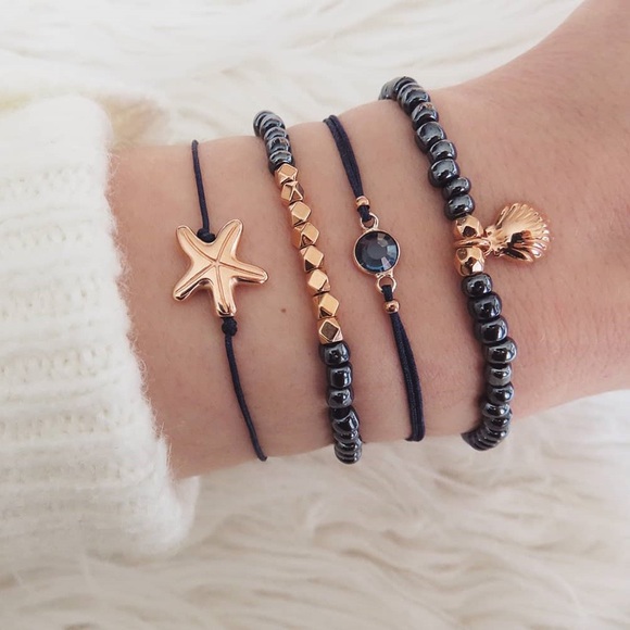 4 Pcs Black & Gold Starfish and Shell Bracelet Set - Picture 2 of 8